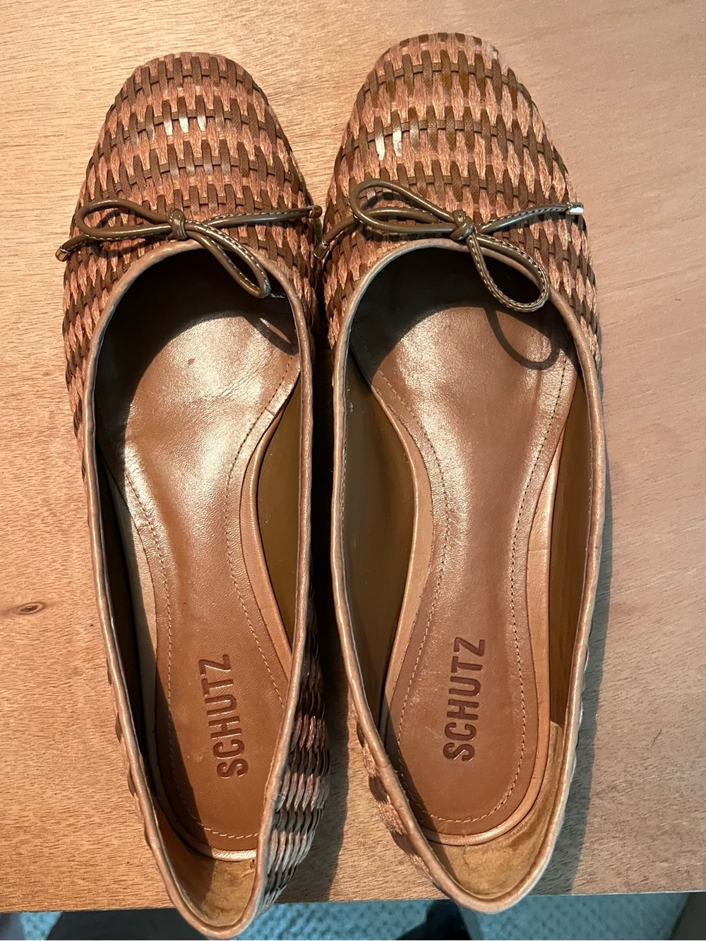 SCHUTZ Woven Leather Ballet Flats in Cognac Brown